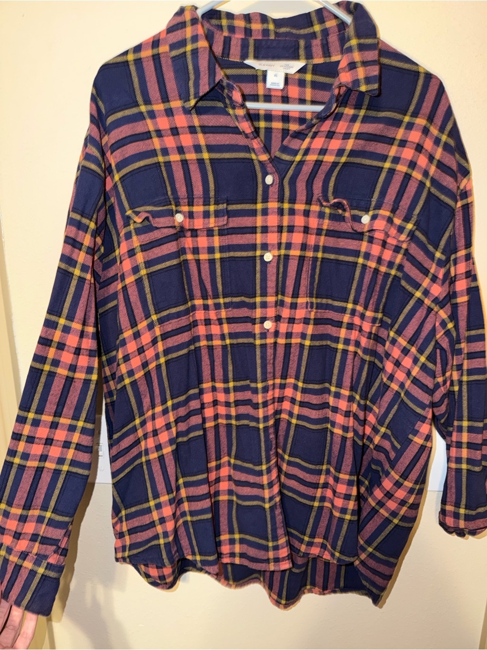 Old Navy Navy Plaid Boyfriend Shirt with Pink and Yellow Stripes